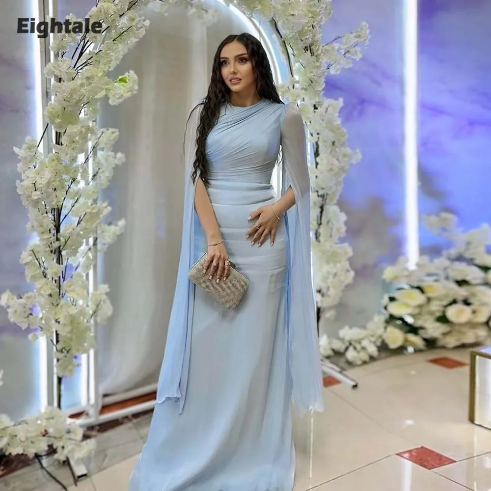 

Eightale Light Blue Evening Dress Cap Sleeves Pleats Customized Chiffon Arabic Prom Wedding Party Gown Abendkleider Hochzeit