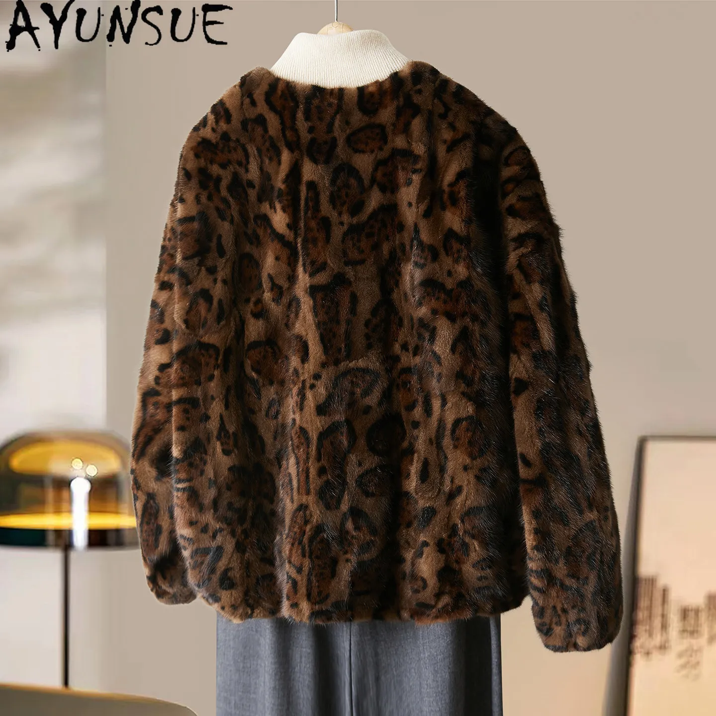 AYUNSUE Natural Mink Fur Coat Woman Leopard Print Fur Jacket Korean Style Outerwears Long Sleeve Tops for Woman Clothes 신상아우터