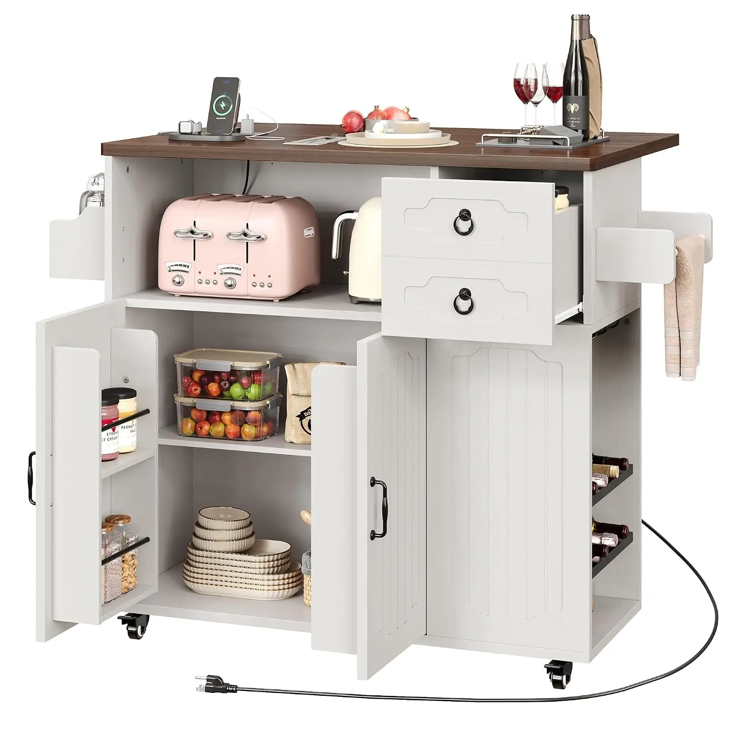 Kitchen Island Power Outlet USB Charging Rolling Cart Drop Leaf Spice Wine Glass Rack Small Space, Customized