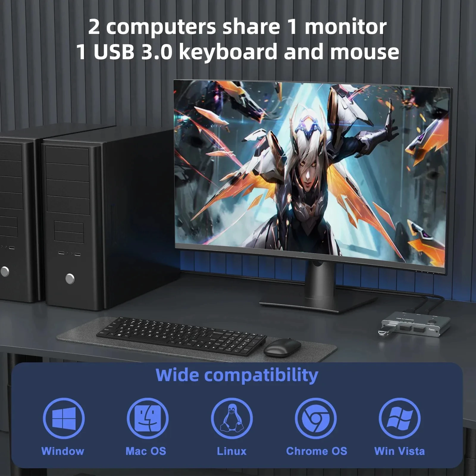 USB KVM Switch Adapter USB 3.0 Switcher 2 Input 3 Output USB Splitter Controller Hub for Laptop Computer Printer Keyboard