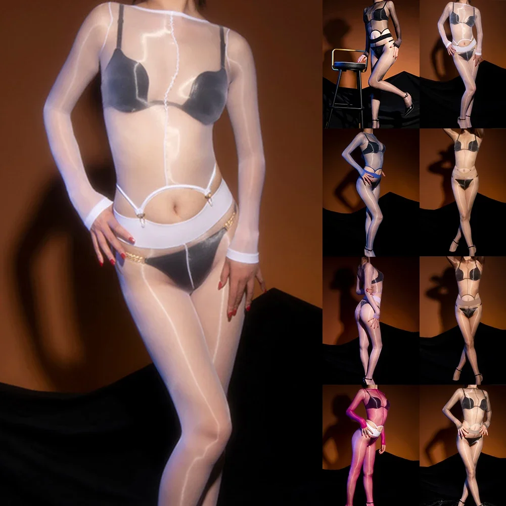 Women Sexy Oily Smooth Bodystocking Top Pantyhose Sexy Ultra-Thin See Though Elastic Bodysuit Clubwear Female Fetishs Clothing