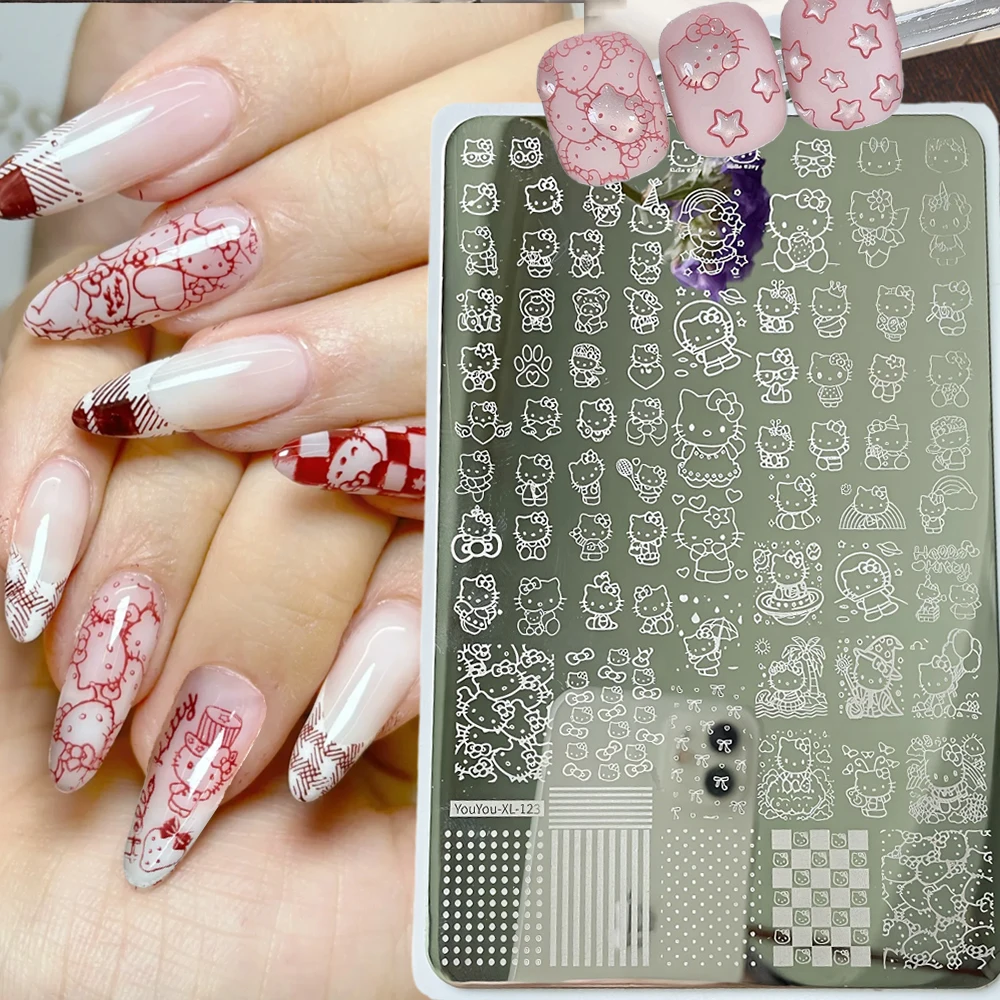 

1Pcs XL Hello Kitty Stamping Plate Nail Sticker 3D Jelly Effect Cute Cartoon Kitty Cat Kuromi Anime Nail Art Printing Template#@