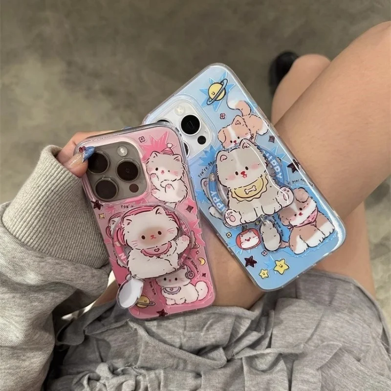 Lindo cachorro y gatito coreano para Magsafe, agarre magnético para teléfono Tok Griptok, soporte para iPhone 16, funda de carga inalámbrica, soporte de anillo