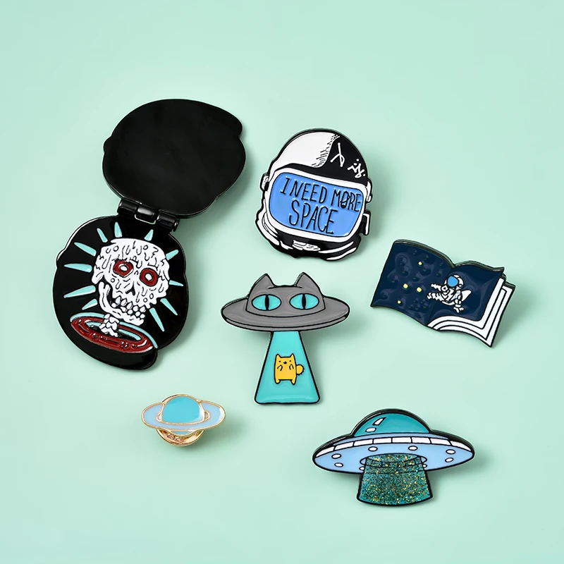 Curious Fantasy Enamel Pins Custom Cat Astronaut Book Brooches Bag Clothes Lapel Pins Space Universe Badges Kid's Jewelry