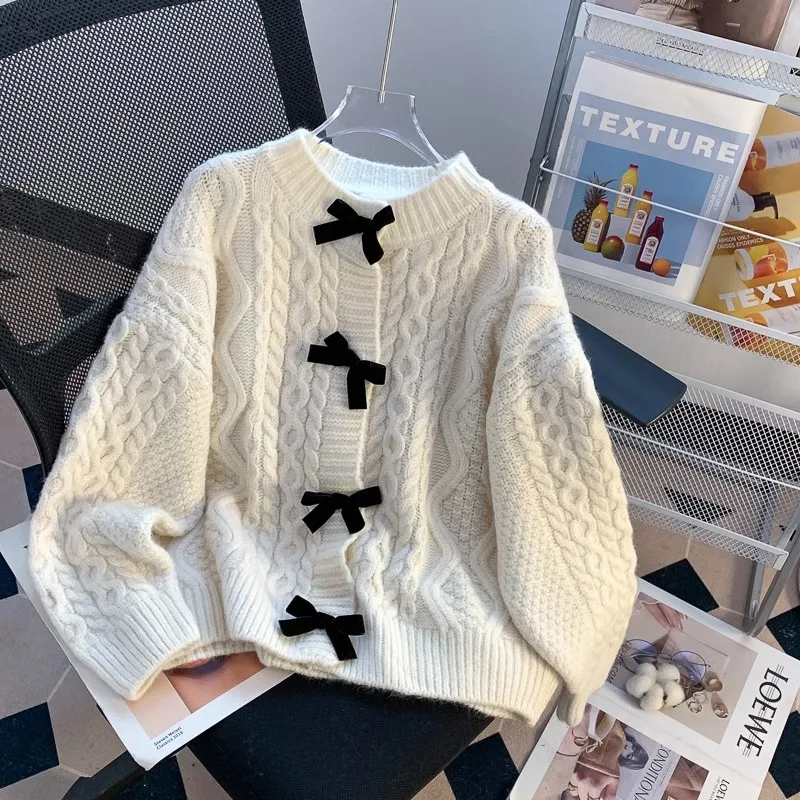 French Trendy Chic Solid Color Bow Long Sleeve Versatile Sweater Women's Autumn and Winter Loose Retro Fashion Sweet Knitted Top