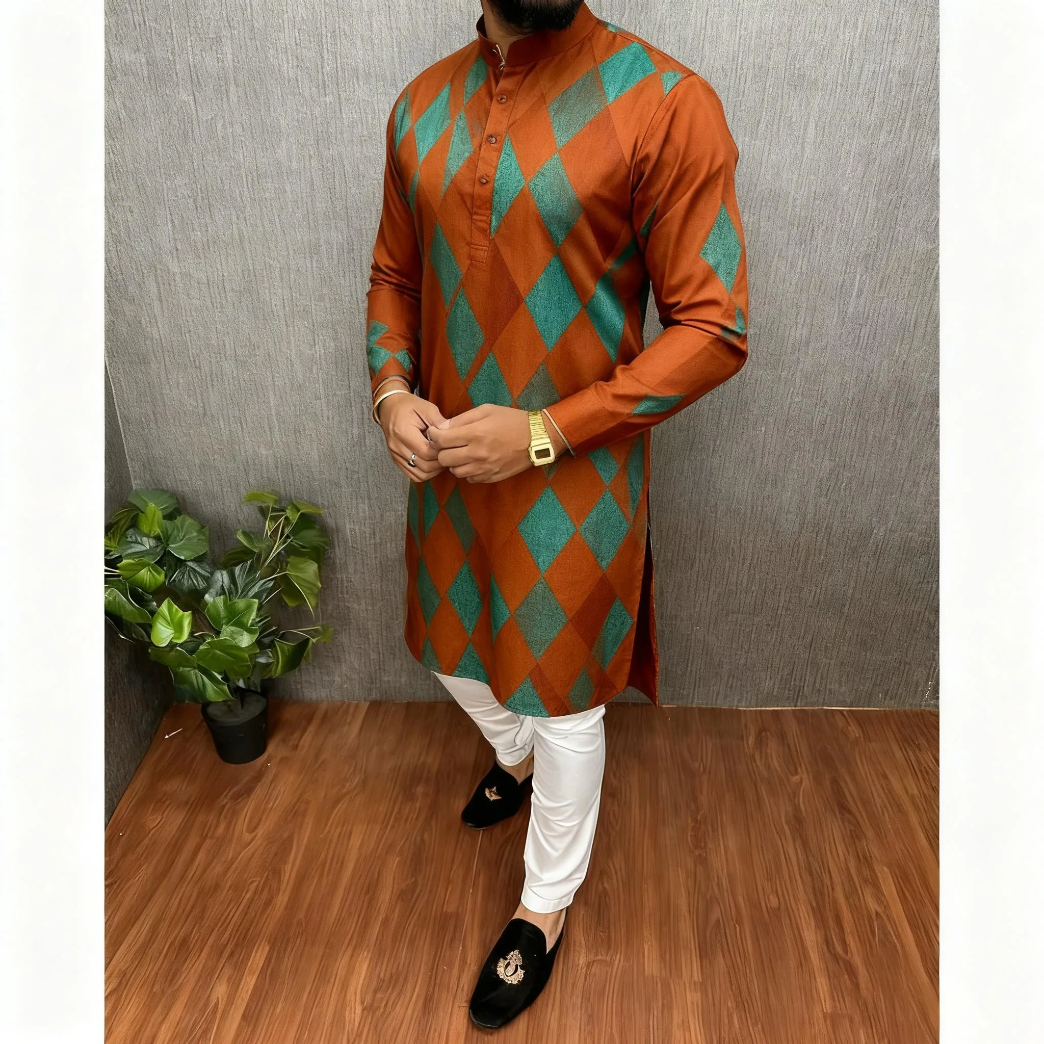 Stile nazionale Uomo Stampato digitale Kurta Vardha Regular Mandarin Lungo Adatto Gandoura Homme Marocaine Khamiis Uomini musulmani