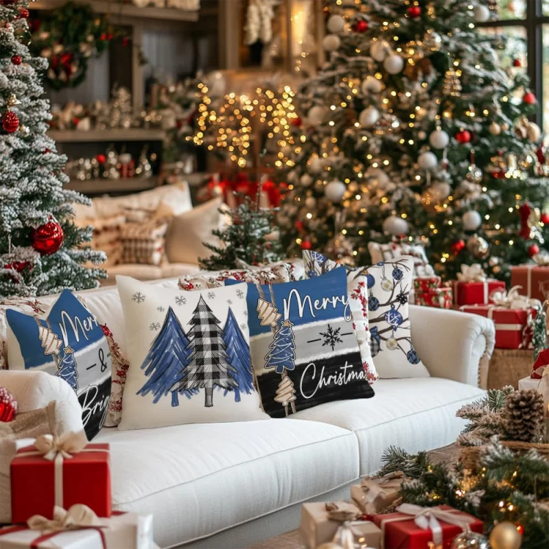 Merry Christmas Pillow Set with 4 Bright Bars, Winter Vacation Farmhouse Home Decoration Pillow Box