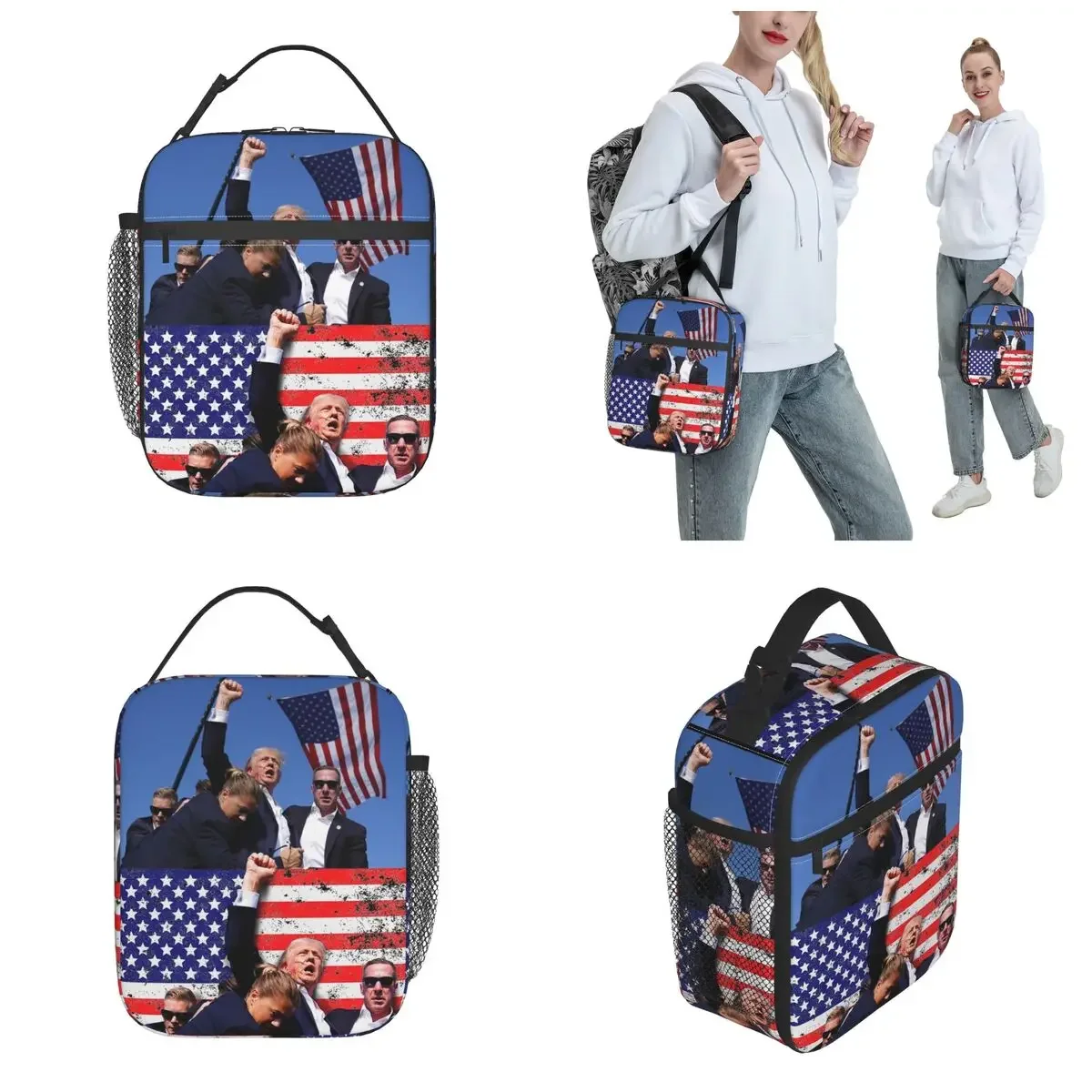 Insulated Lunch Bags Trump Shot Fight Merch Trump 2024 President Storage Food Box New Cooler Thermal Lunch Box For School