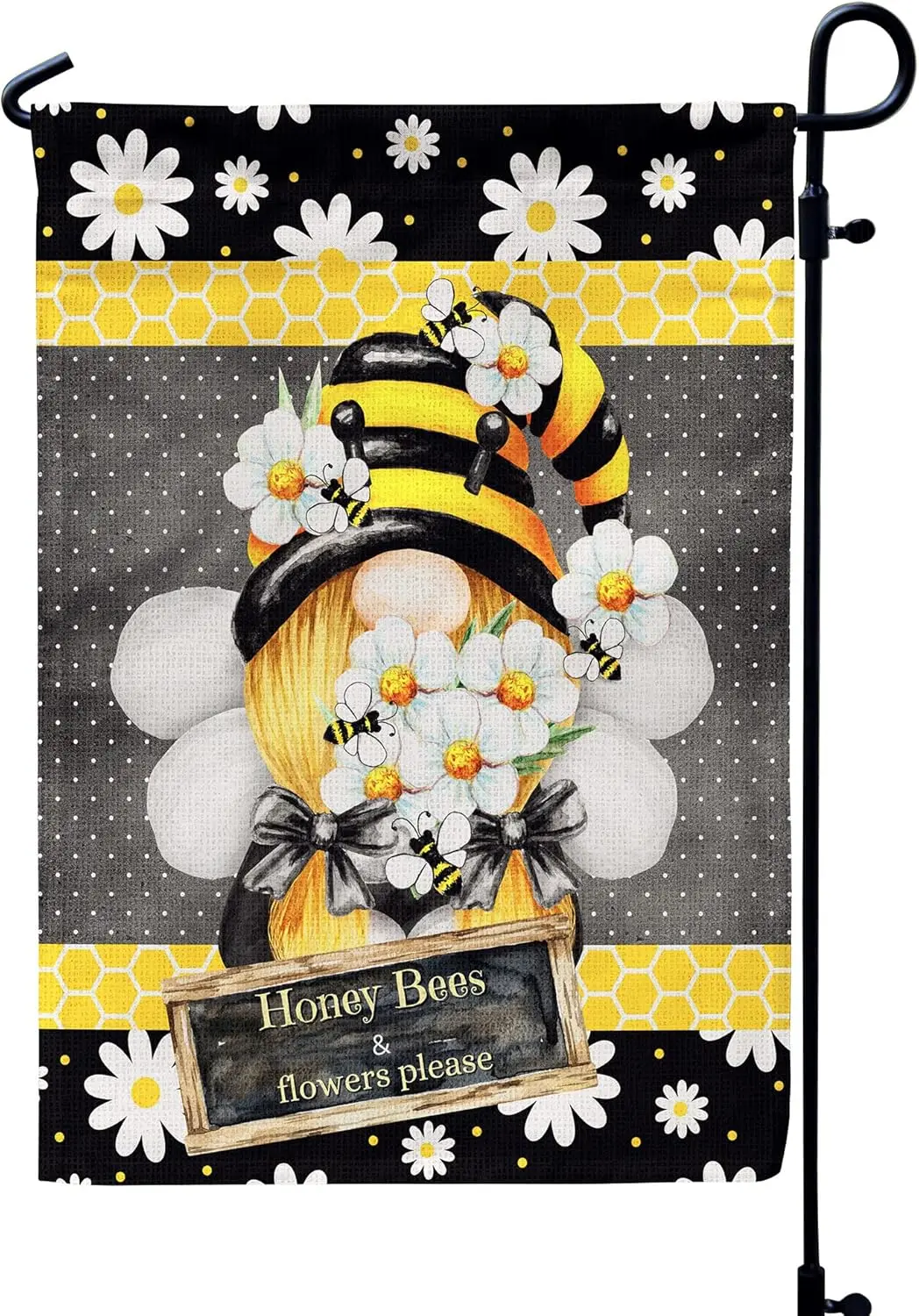 PAMBO Gnome Honey Bee Garden Flag, Spring/Summer Daisy 12x18 inch Burlap Flag - Perfect Hanging Decoration for Outside CFA31-1