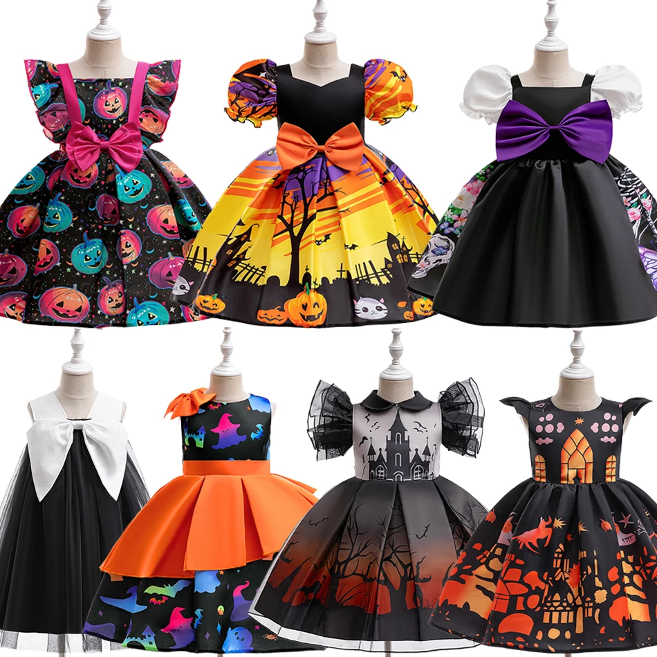 

Children Cartoon Halloween Outfits Cosplay Party Bow Dress Girls Pumpkin Witch Print Vestidos Kids Bowknot Gown Fancy Apparel