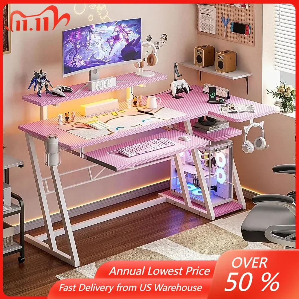 

Pink Gaming Desk with Shelves and Power Outlets, L Shaped Gaming Desk with LED Lights with Monitor Stand, 47" Gamer Desk