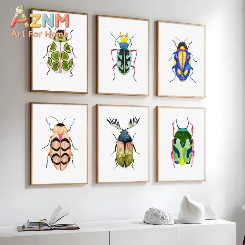 Watercolor Bug Beetle Ladybug Poster Print Colorful Insect Canvas Painting Nature Wall Art Picture Nursery Kids Room Home Decor