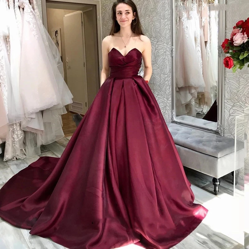 

Angelsbridep Pocket Burgundy Long Satin Court Train A-Line Evening Dresses For Women Graduation Prom Formal Dress Robe Soirée