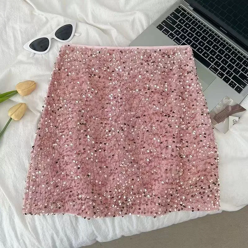 Fashion Sequin Decorate Women Mini Skirt Y2K High Waist Korean Office Lady Casual A Line Skirt Elegant Hepburn Style Party Skirt