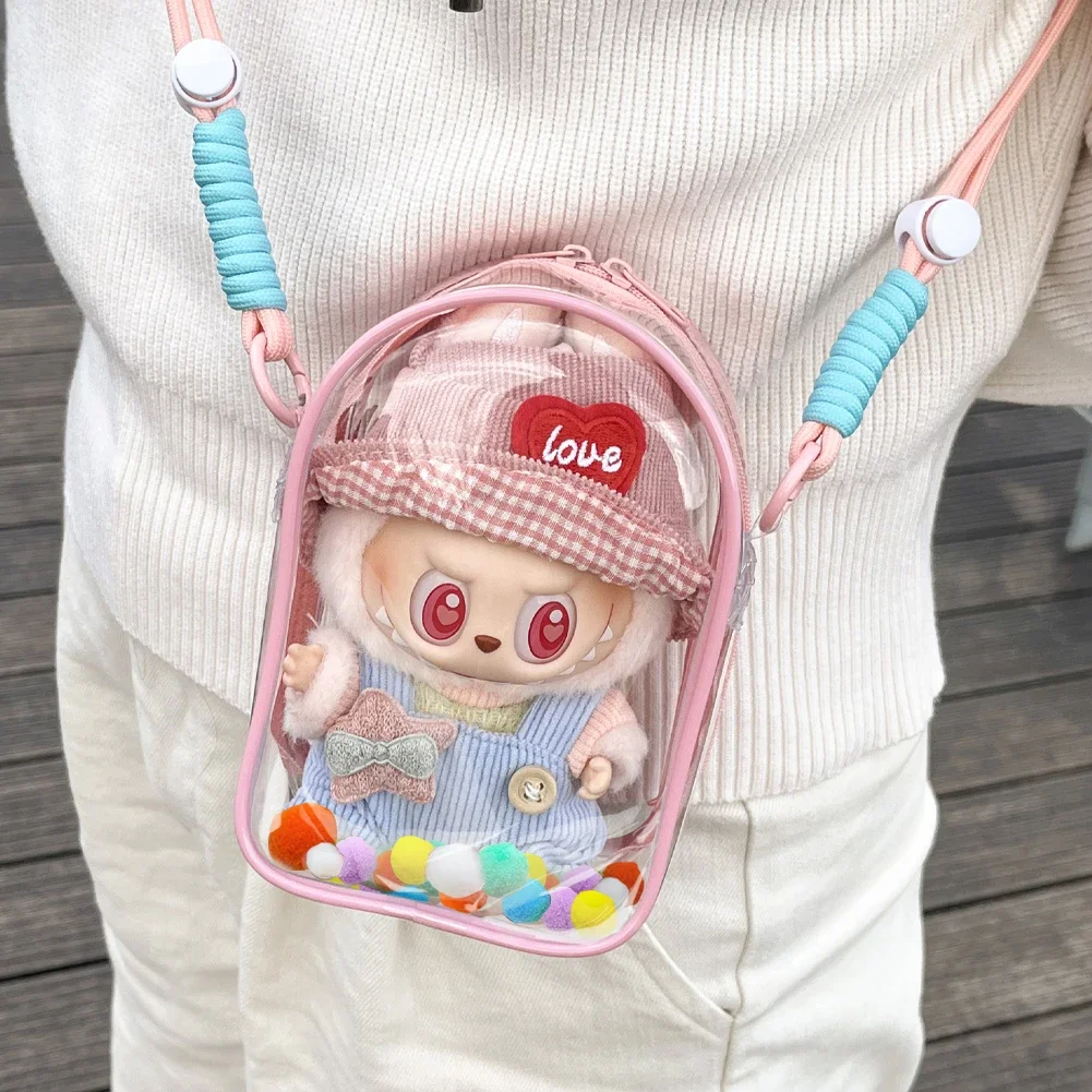 For 15cm Labubu v2 sitting party 15cm cotton doll outfit crossbody pain bag pvc storage bag Dolls Display Bag