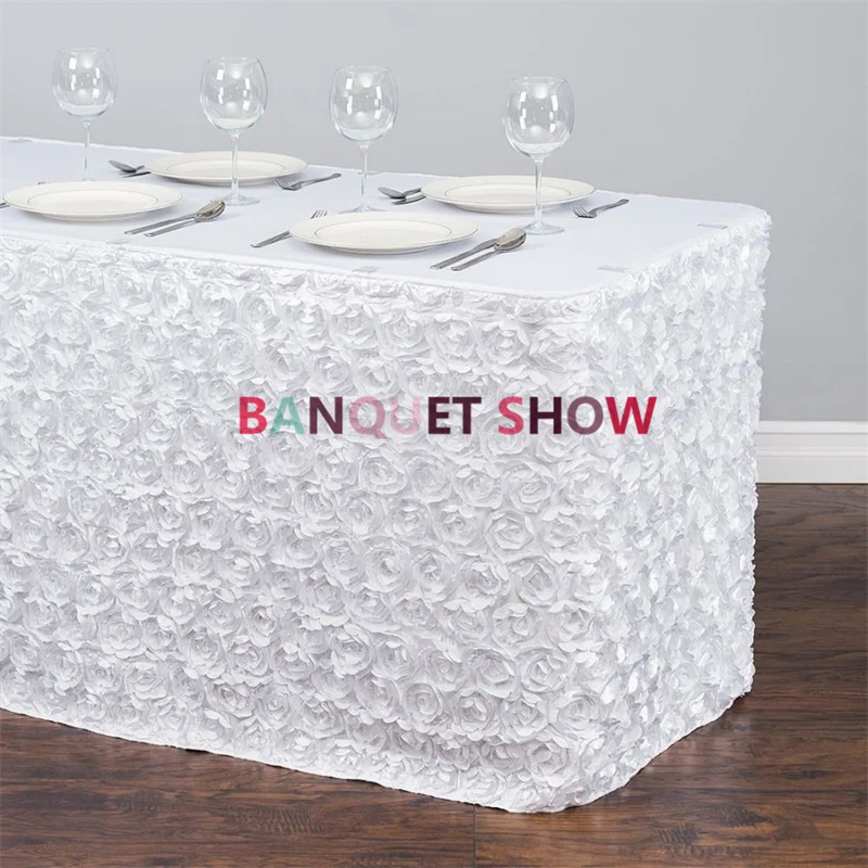 10FT Long Satin Rosette Table Skirt Banquet Poly Tablecloth Skirting Event Wedding Banquet Decoration