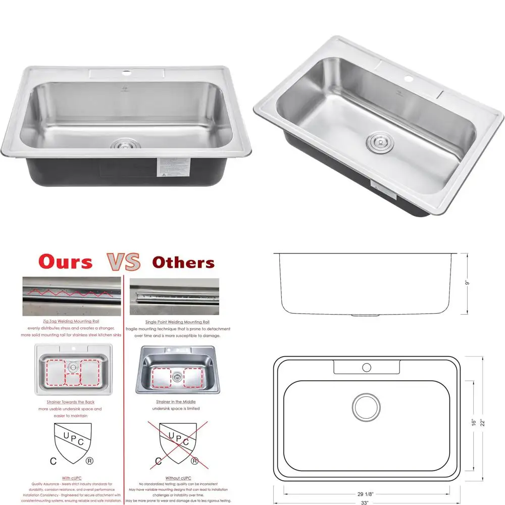 

Кухонная мойка из нержавеющей стали 18-го калибра, 33 дюйма, с одной чашей, для врезного монтажа, с одним отверстием для смесителя