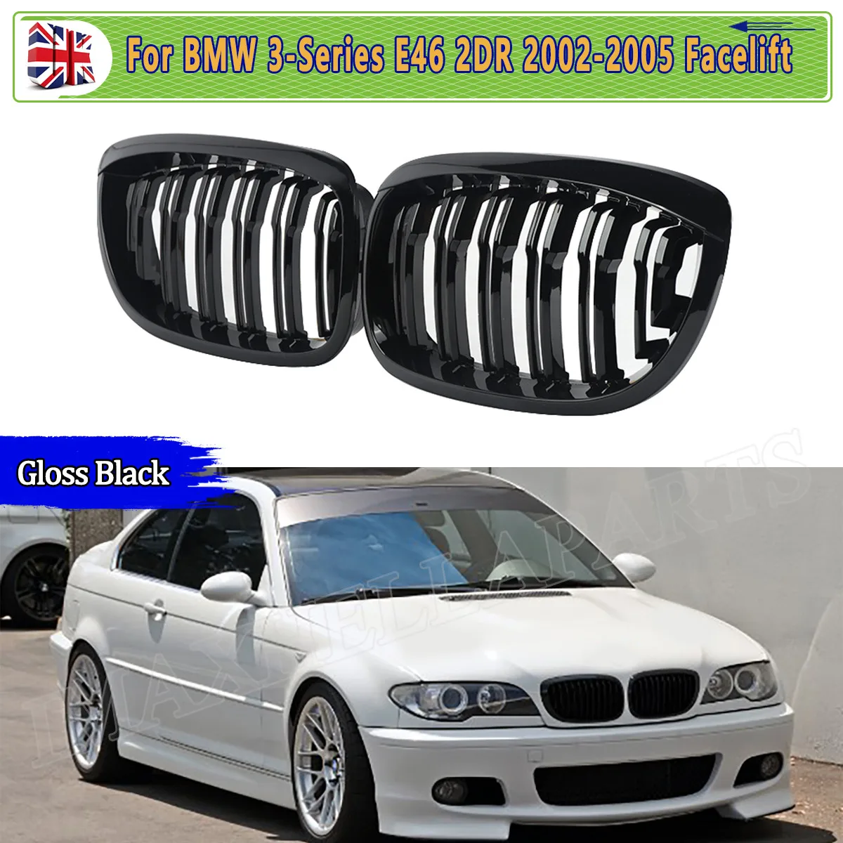 

Gloss Black Front Bumper Grille For BMW 3 Series E46 318Ci 320Ci 330Cd Coupe 2002 2003 2004 2005 2006 Dual Line Kidney Grille