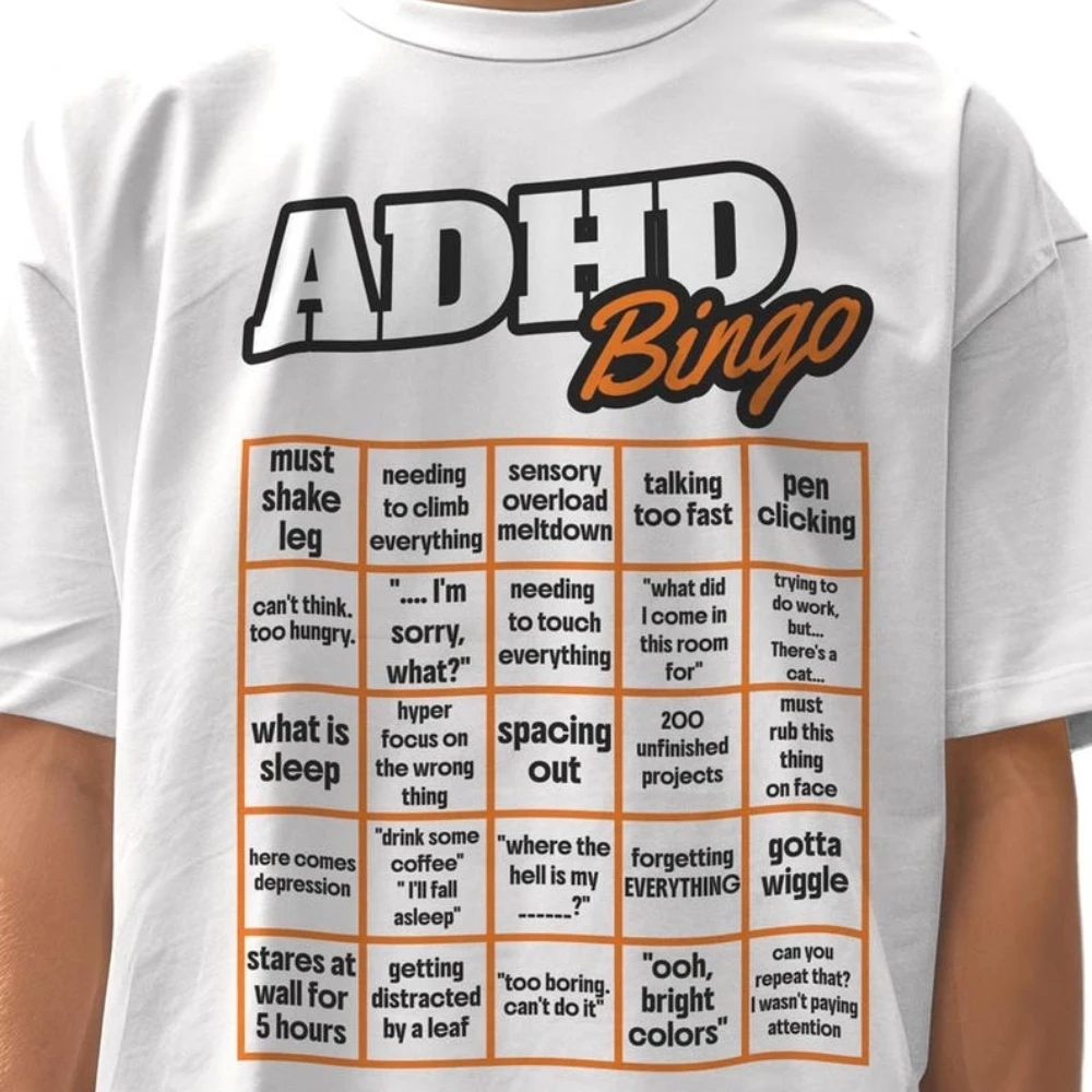 ADHD Bingo Mental Health Humor T-Shirt Neurodivergent Graphic Tee Relatable Gift For Friends Unisex Comfort Funny Bold Statement
