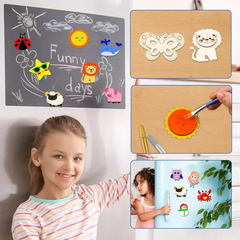 Wooden Magnet Art Paint Set 40 Blocks Magnets Craft Painting Kit Educational Fridge Magnets Crafts Creativity Painting Kit For