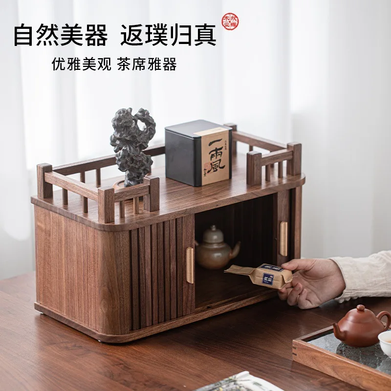 Black Walnut Wood Desktop Tea Set Storage Rack Solid Wood Chinese Style Bogu Rack Tea Cup Double Layer Kitchen Storage Rack