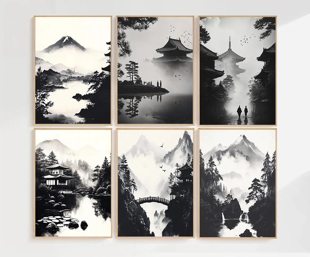 （2D Canvas painting） Monks by Pagoda Reflecting on Misty Lake Black and White Zen Art Minimalist Chinese Style Pavilion Poste