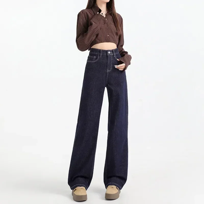 

Dark Blue Straight-Leg Jeans Women's Autumn/Winter Fleece-Lined High-Waisted Loose-Fit Draped Extended Slim Fit Bell Bot