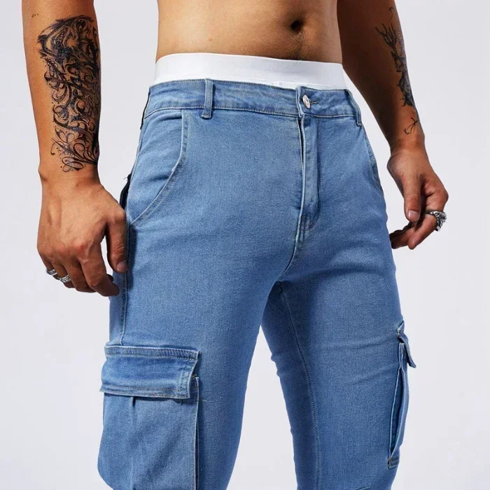 New Men Street Elastic Denim Jeans Multi Pockets Cargo Pants Casual Slim Denim Trousers Fashion Y2k Joggers Baggy Man Pants