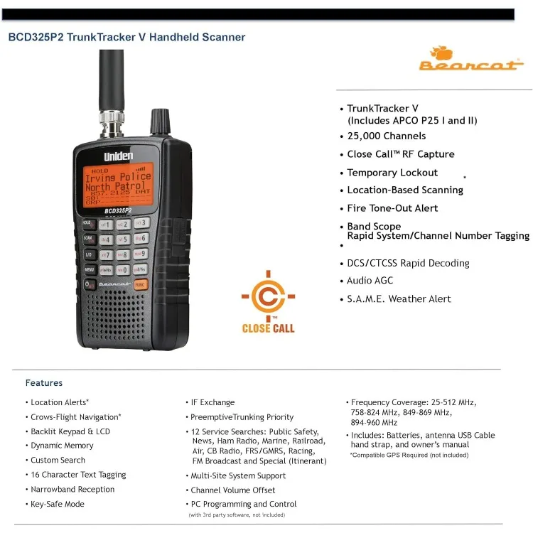 Handheld TrunkTracker V Scanner. 25,000 Dynamically Allocated Channels. Close Call RF Capture Technology.