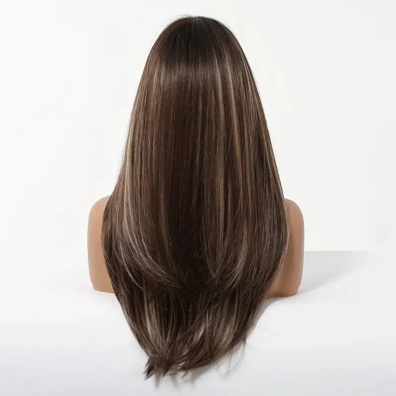 オンブルブラウンブラックハイライトロングストレート合成かつら前髪付きコスプレウィッグ女性用高温ナチュラルフェイクヘア