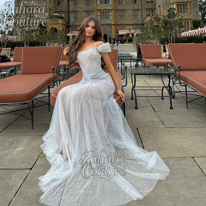 Zahara Customized Evening Dress Glitter Evening Dress Silver Nude Off Shoulder Mermaid Sparkly Prom Formal Wedding Party Gown