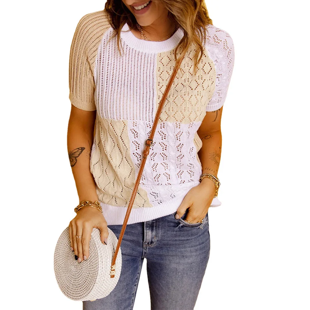 

Women's Color Blo Knitted Hollow ort Sve T-irt Thiened Polyester Fiber Summer Season Printed Design Crew Ne