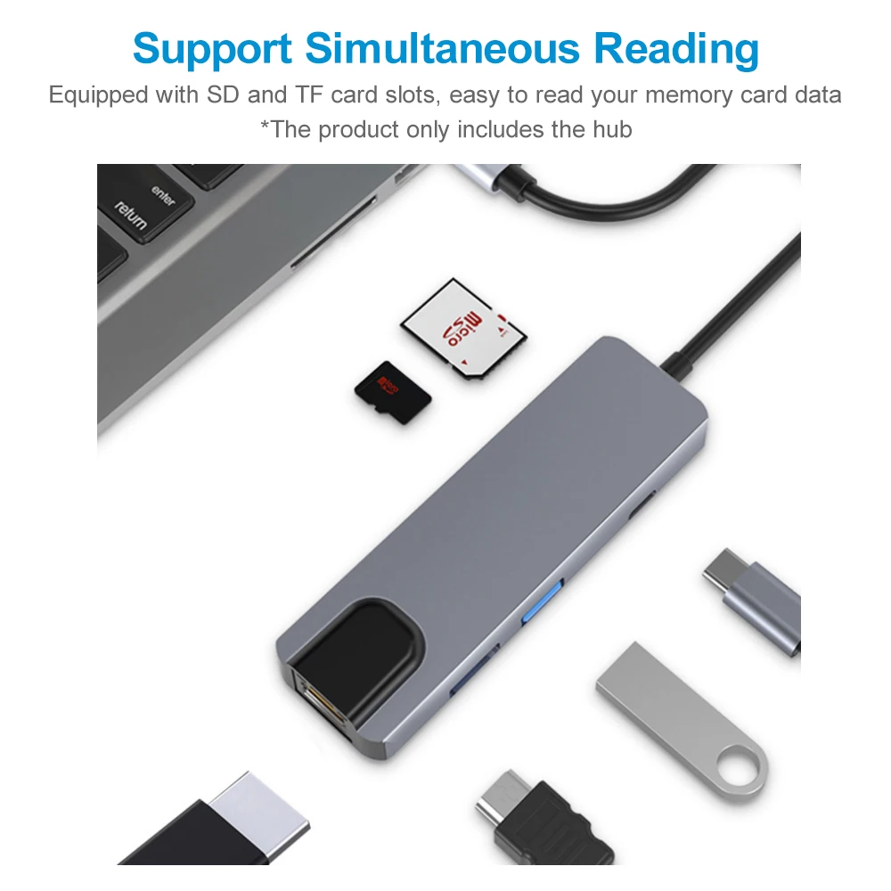 

6-in-1 Type-C Hub Multifunctional Type-C Converter Aluminum Alloy Shell with 100M RJ45 HD USB3.0 PD Ports SD TF Card Slots Hub