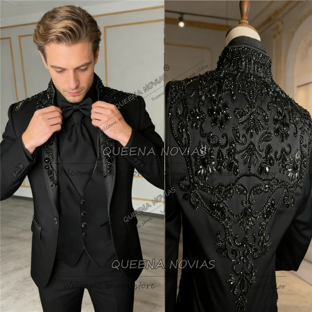 

Italian Design Suits Men For Wedding Black Beaded Stones Prom Blazers Customized Man Banquet Attire 3 Piece Sets Groom Tuxedos