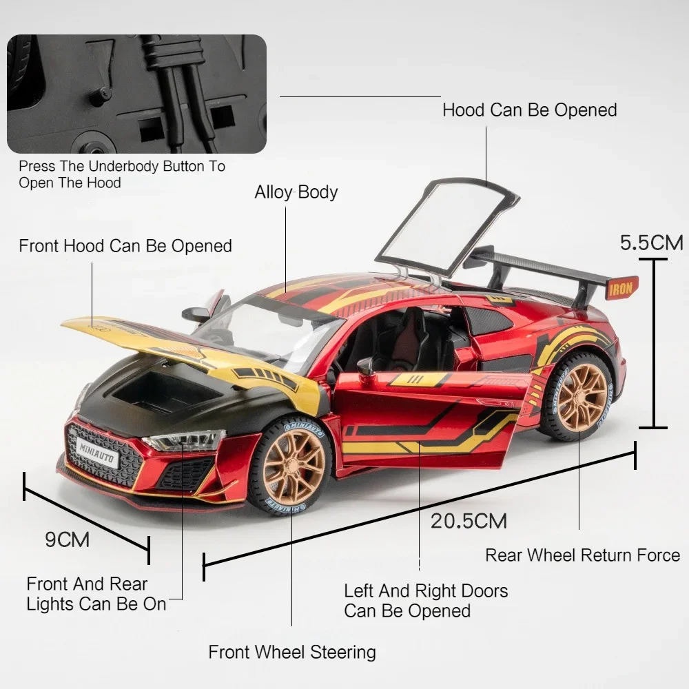 ألعاب طراز سيارة للأطفال ، مركبة من سبيكة دييكاست ، هيكل معدني ، إطار مطاطي ، فتح 4 أبواب ، ضوء صوتي ، سحب للخلف ، هدايا للأطفال ، R8 GTR