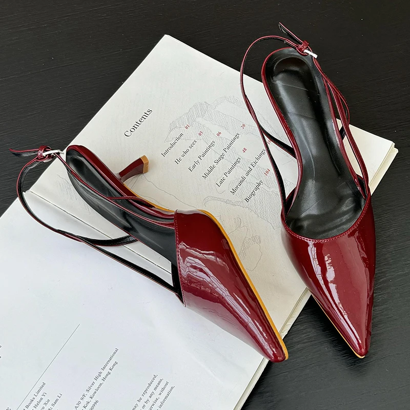 Female Sandals Wine Red Fashion Heels Footwear Women Pumps Fashion Slingbacks Shoes Pointed Toe Buckle Strap Ladies Heels Shoes