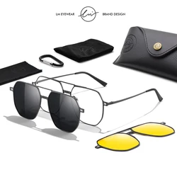 LM Polarized Sunglasses Men Women 3 In 1 Magnetic Clip On Glasses Hexagon Alloy Frame Night Vision Anti-Blue Light Eyeglass