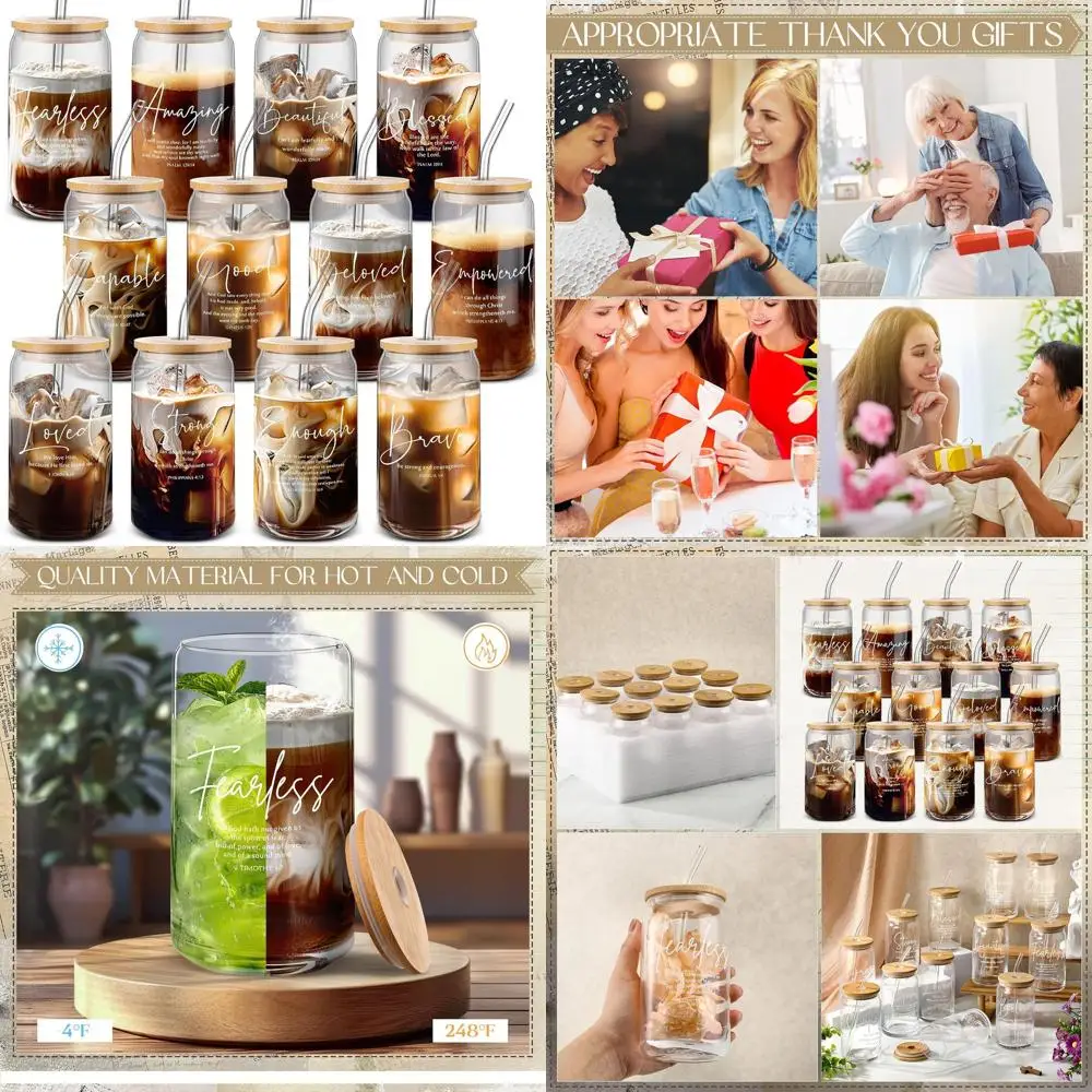 

Set of 12 Bible Verse Glass Mugs with Bamboo Lids & Straws - Christian Christmas Gifts for All Ages
