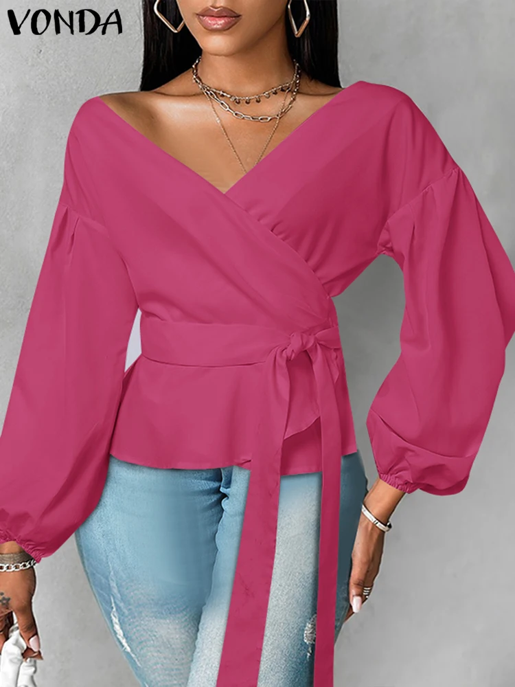 Plus Size 5XL VONDA Women Ruffled Blouses 2024 Casual Lantern Long Sleeve Tops Fashion Tunic Solid Color Belt Elegant Blusas