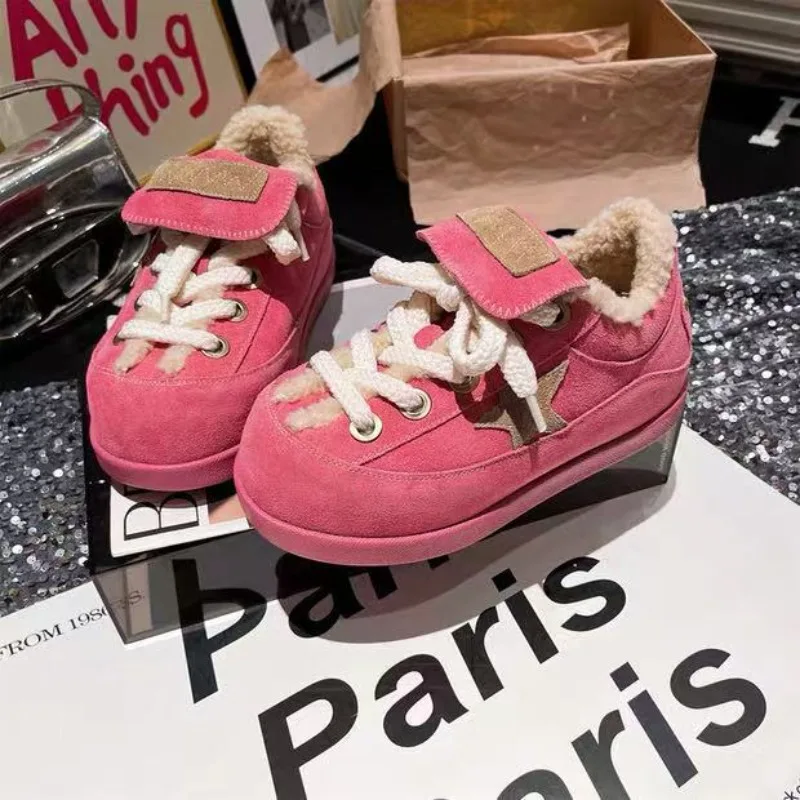 Leather Lamb Wool Shoes Kapibara Bread Platform Muffin Star Velvet Cotton Sneakers Women's Lace-up
