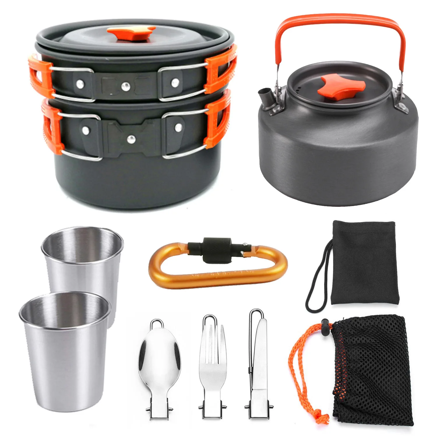 Camping Pot And Cooking Set, 2-3 People, Outdoor Portable Folding Aluminum Alloy Picnic Tableware And Teapot Combination,L272