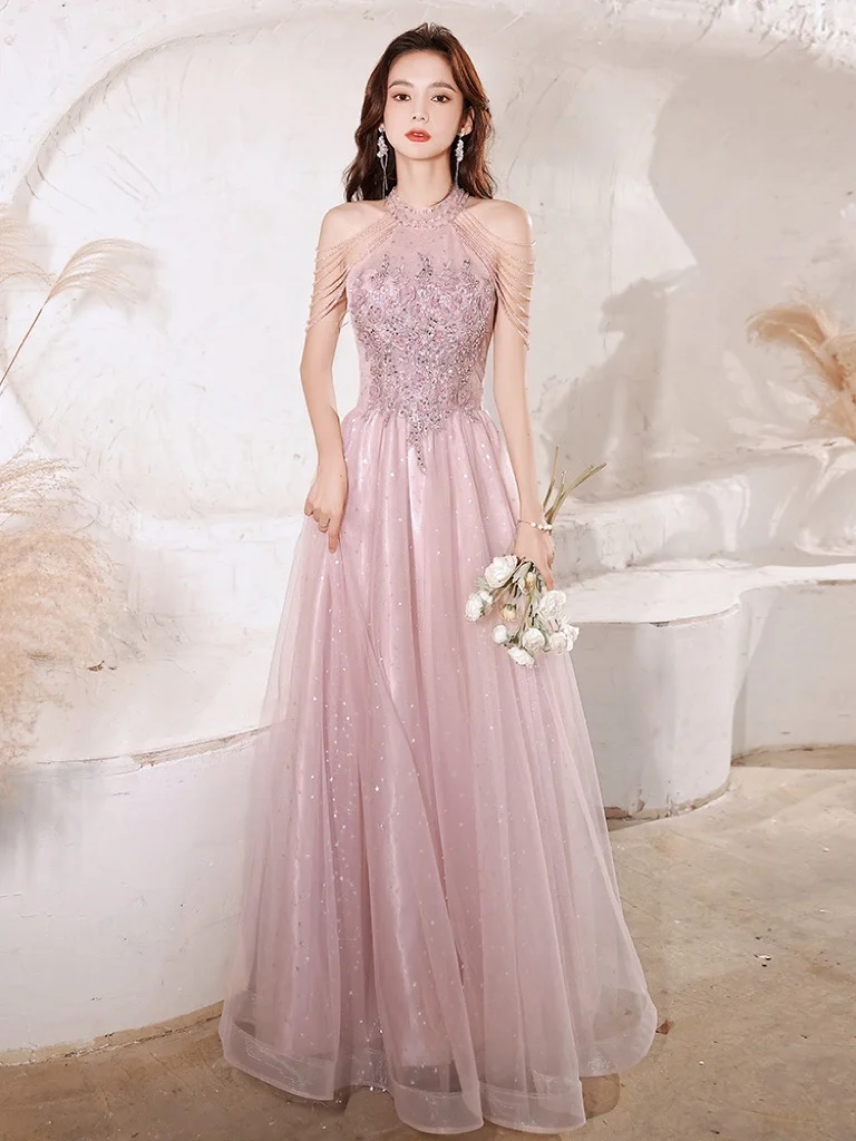 Elegant Pink Celebrity Dress Sequins Beading Halter With Tassel Sleeve A Line Exquisite Floor Length Prom Evening Gowns