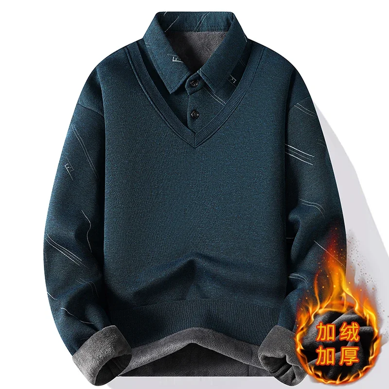 Mannen Fleece Voering Trui 2024 Winter Nieuwe Dikke Warme Top Polo Kraag Nep Tweedelige Casual Truien Trui Mannen kleding