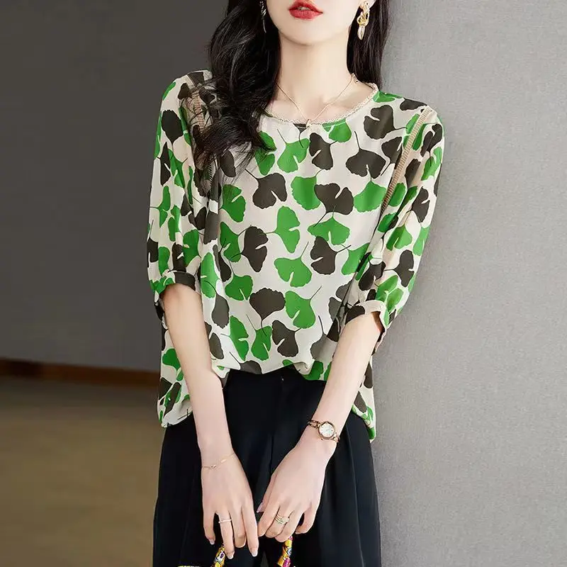 Women Lace Hollow Leaf Print Elegant Blouse Summer Trendy Loose Half Sleeve Casual Street Shirts Chic Chiffon Tops Female Blusas