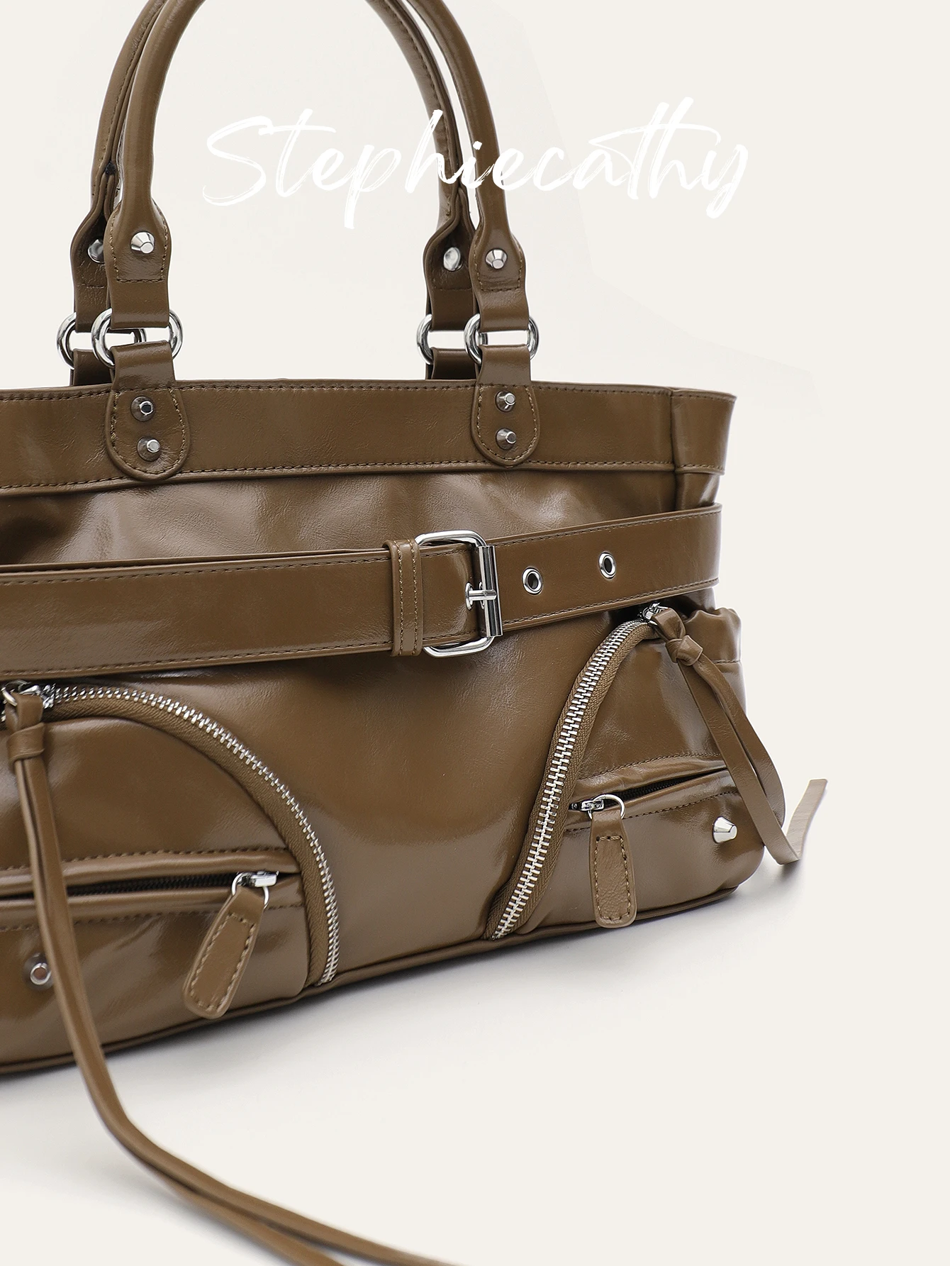 SC Women's Top-handle Shoulder Bag PU Leather Handbag Fashion Buckle Belt Multi Pockets Cross body Purse Casual Commute College