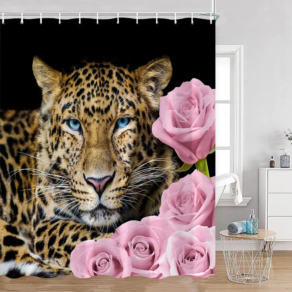 Wild Animals Shower Curtain Tiger Forest Elegant Panther Green Palnts Rose Floral Home Decor for Bathroom Polyester Bath Curtain