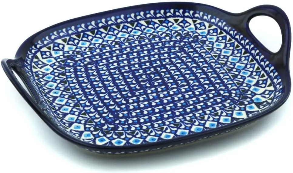 Authentic  Tray with Handles in Blue Diamond Dream Design Handmade in Bolesławiec Poland + Certificate of Authenticity