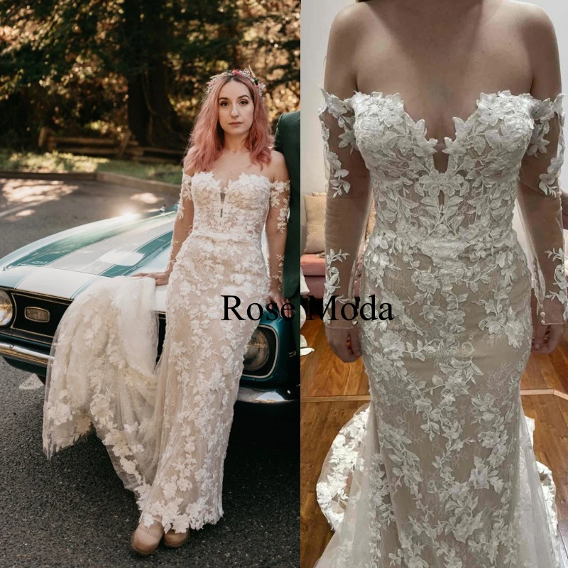 Rose Moda Off De Schouder Lange Mouwen Lace Mermaid Trouwjurken Ivoor En Champagne Boho Bruidsjurk Echte Foto