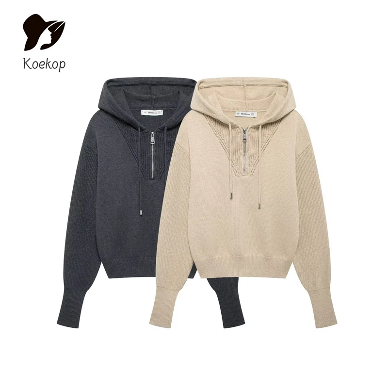 Koekop Women's Fashion Solid Color Long Sleeve Hooded Knit Vintage Casual Temperament Women's Chic Lady Zipper Closed Shirt