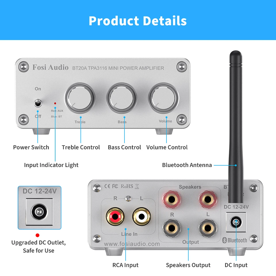Fosi Audio BT20A Bluetooth TPA3116D2 Sound Power Amplifier 100W
